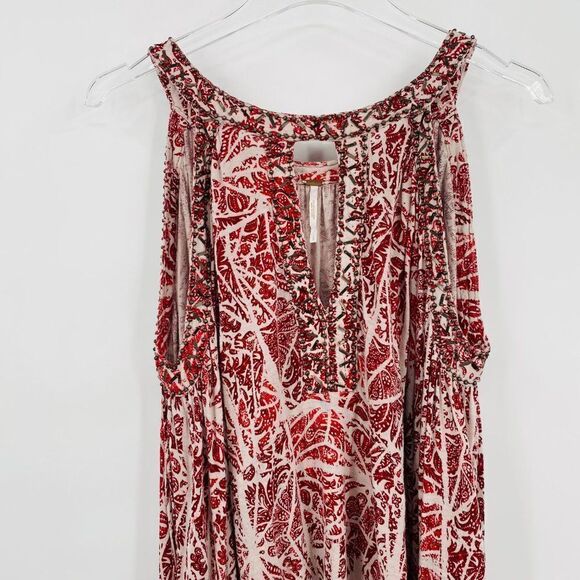 Free People Size Small Red & Gray Beaded Good Morning Cold Shoulder Tunic Top - Picture 3 of 11